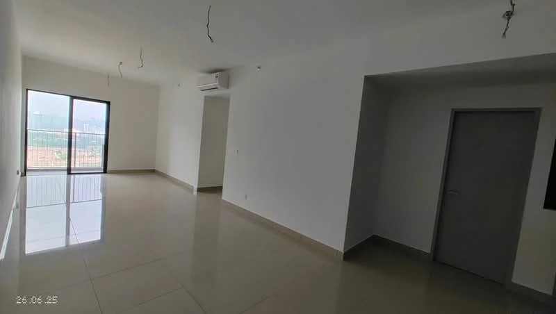 Room features: white painted walls, polished ceramic tile flooring, floor-to-ceiling windows, 1 wall-mounted split AC, neutral ceiling, doorway to adjacent room, natural light from windows; style: modern; view: city.