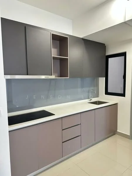 Kitchen features: grey upper cabinets, beige lower cabinets, white quartz countertop, stainless-steel sink, chrome pull-down faucet, black glass cooktop, backlit glass backsplash, single window, tile flooring, recessed lighting; style: modern.