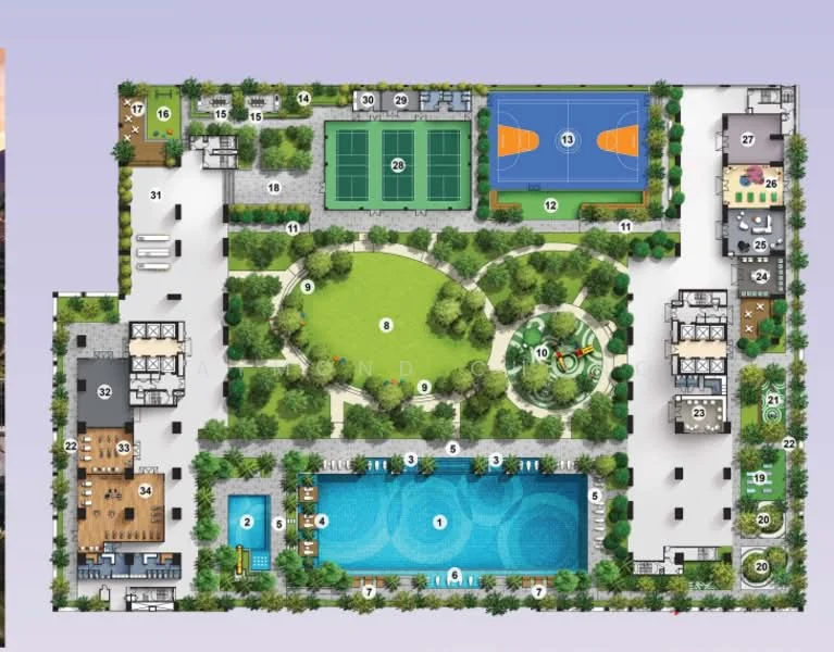 Floor plan: features: landscape garden, swimming pool, children's playground, tennis courts, basketball court, outdoor gym, jogging track, BBQ pit, clubhouse, manicured lawn, seating areas, water features.