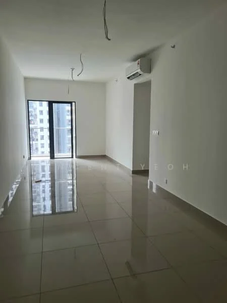 Room features: white painted walls, glossy ceramic tile flooring, 1 wall-mounted split AC, floor-to-ceiling windows, natural light from windows, ceiling with exposed wiring, neutral color scheme; style: modern; view: city.