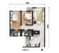 Floor plan: 1-bedroom 1-bathroom unit; features: open-plan kitchen-dining-living, master bedroom with ensuite bathroom, balcony off living room, utility room, central foyer.