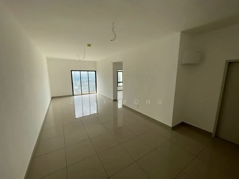 Room features: white painted walls, glossy ceramic tile flooring, floor-to-ceiling windows, 1 wall-mounted split AC, recessed downlights, neutral ceiling, open layout, no visible furniture; style: modern; view: city.