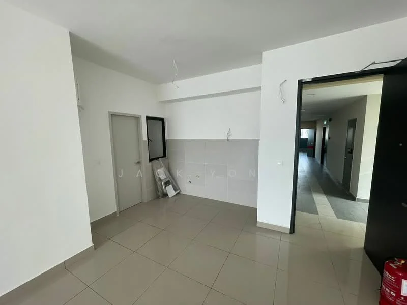 Room features: white painted walls, grey tiled flooring, single door, window, wall-mounted light fixtures, kitchenette area with tiled backsplash, fire extinguisher, open layout, neutral color scheme; style: modern.