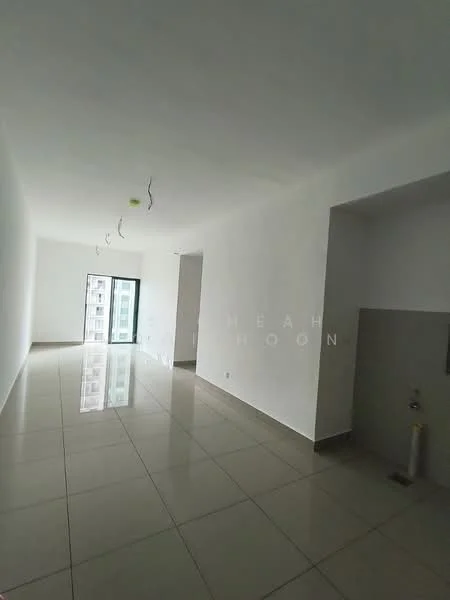 Room features: white painted walls, glossy ceramic tile flooring, floor-to-ceiling windows, recessed ceiling lights, open layout, no visible furniture, neutral color scheme, corner of room with plumbing outlet; style: modern; view: city.