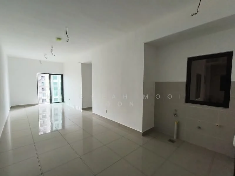 Room features: white painted walls, glossy ceramic tile flooring, large floor-to-ceiling window, open layout, unfurnished space, exposed ceiling with electrical wiring, corner space with natural light, kitchen area with plumbing visible; style: modern.