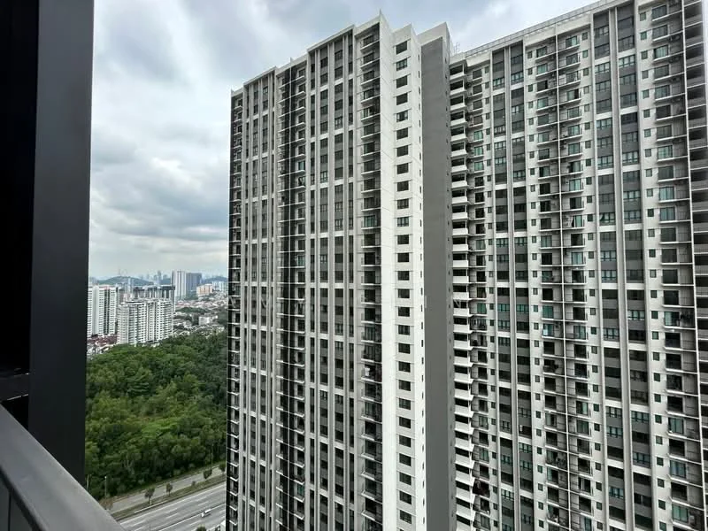 Exterior type: high-rise condominium; features: glass curtain wall, white painted facade, multiple balconies, surrounded by greenery, urban skyline in background; style: modern.