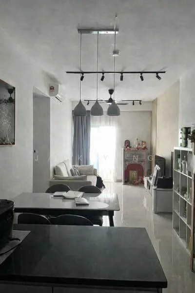 Living features: light grey painted walls, white ceiling with recessed downlights, 3-blade ceiling fan, floor-to-ceiling windows with sheer curtains, light-coloured sofa, TV console, wall-mounted TV, decorative shelf unit, area rug, dining table with chairs, pendant lighting with three bulbs; style: modern. Kitchen features: black countertop, stainless-steel sink, kitchen cabinets, built-in appliances, open layout to living area; style: modern.