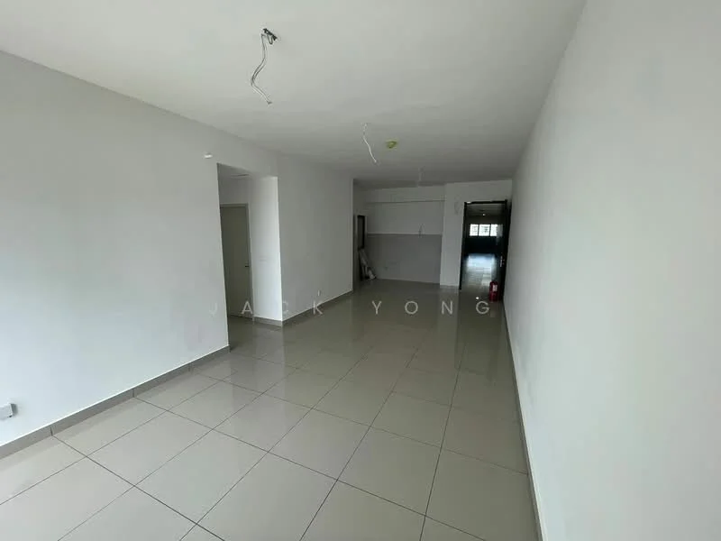 Room features: white painted walls, grey tiled flooring, recessed ceiling lights, open layout, large windows, neutral color scheme, no visible furniture, minimalist design; style: modern.