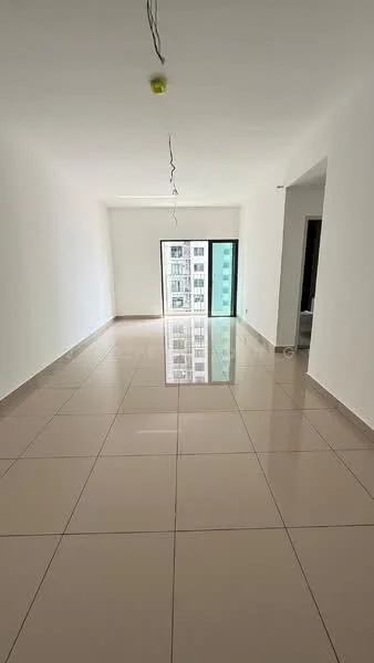 Living features: white painted walls, glossy beige tile flooring, floor-to-ceiling sliding glass door, natural light from large window, ceiling light fixture, open layout, neutral color scheme, minimalist decor; style: modern; view: city.