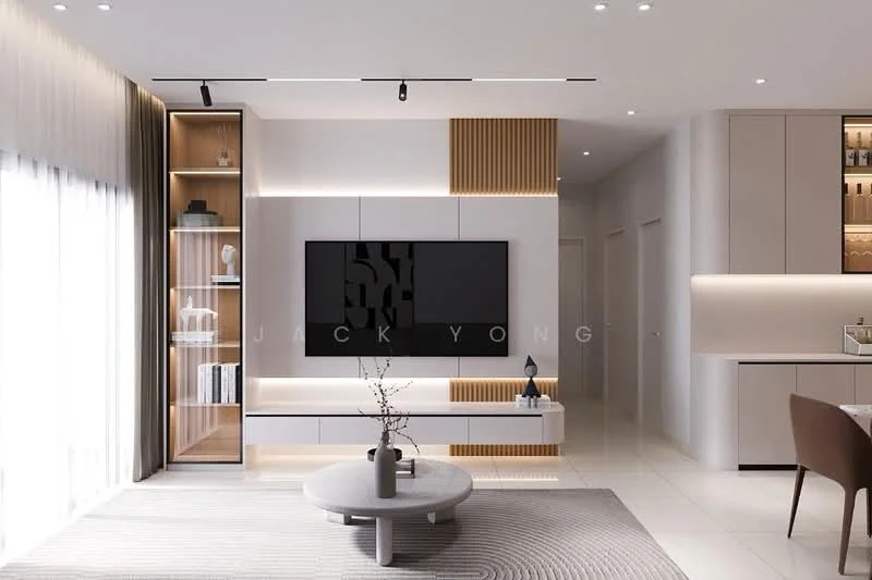 Living features: white painted walls, light grey flooring, recessed downlights, track lighting, wall-mounted TV, white TV console with wood accents, built-in shelving unit with glass doors, decorative vase on coffee table, round coffee table, area rug with geometric pattern, floor-to-ceiling windows with sheer curtains; style: modern.