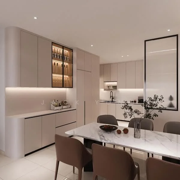 Kitchen features: light wood cabinetry, white quartz countertop, built-in refrigerator, stainless-steel sink, black gooseneck faucet, glass-front upper cabinets, recessed LED downlights, white tile flooring, marble dining table, upholstered dining chairs, decorative plant on table; style: modern.