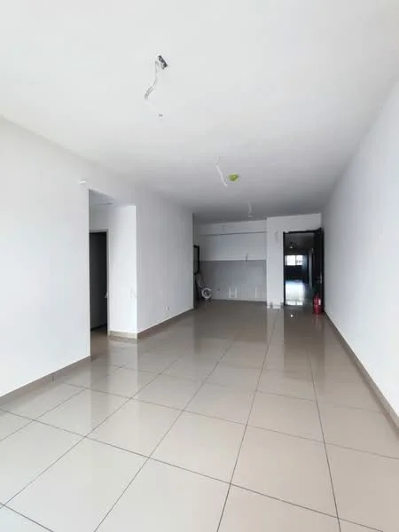 Room features: white painted walls, glossy ceramic tile flooring, recessed downlights, open layout, large windows, neutral color scheme, no visible furniture, minimal decor; style: modern.