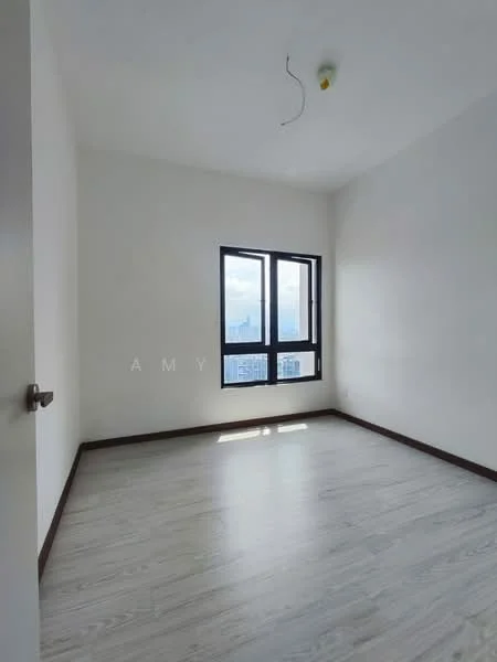 Room features: white painted walls, light wood laminate flooring, floor-to-ceiling windows, black window frames, ceiling light fixture, no visible furniture, city view, sunlight streaming in; style: minimalist; view: city.