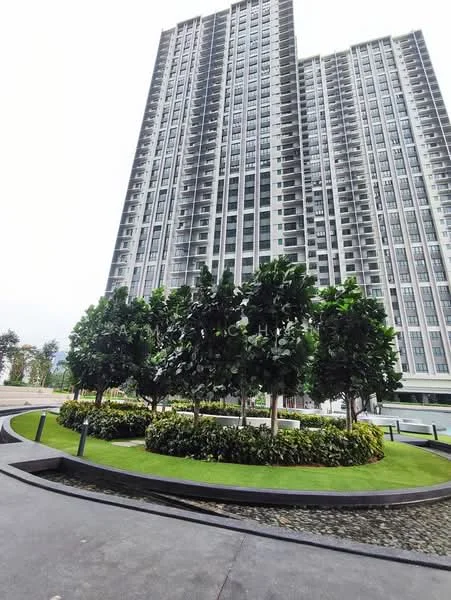 Exterior type: high-rise condominium; features: tall residential building, glass curtain wall facade, landscaped garden with trees, manicured lawn, stone-paved walkway, surrounding greenery; style: modern.