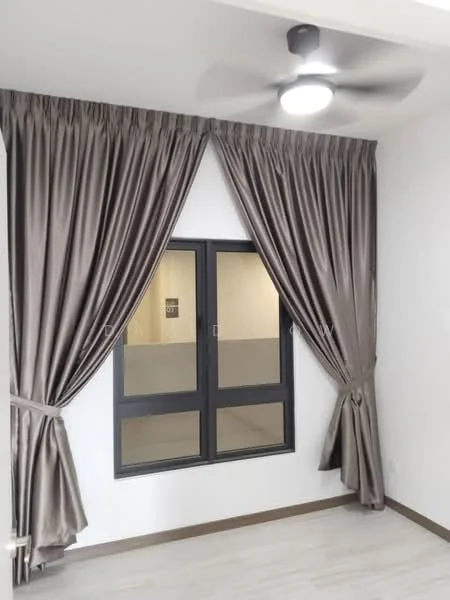 Room features: grey curtains, floor-to-ceiling window, ceiling fan with light, white painted walls, light-colored flooring; style: modern.