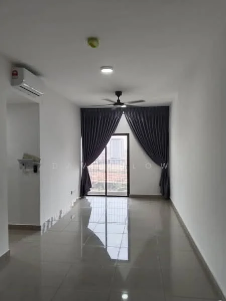 Living features: white painted walls, glossy ceramic tile flooring, 5-blade ceiling fan with light, wall-mounted split AC, floor-to-ceiling sliding glass door, dark grey curtains, recessed lighting, open layout; style: modern.