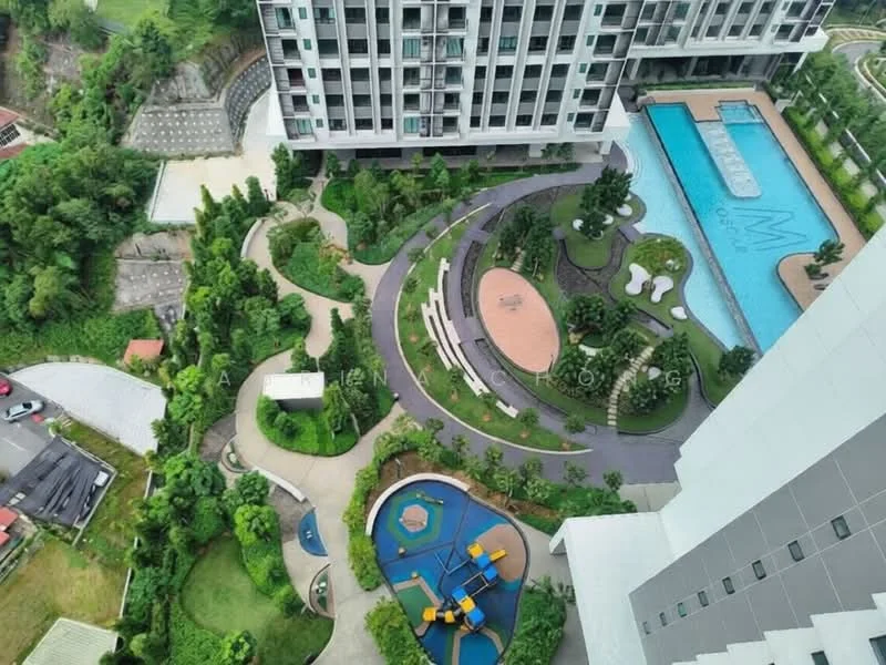 Exterior type: high-rise condominium; features: infinity pool, landscape garden, children's playground, manicured lawn, walking paths, outdoor seating areas, water features, tropical landscaping, jogging track, BBQ pit; style: modern.