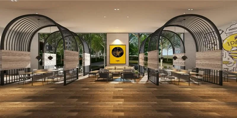 Room features: wooden flooring, large glass windows, metal archway dividers, modern seating area with sofas, decorative wall art, indoor plants, ambient lighting, neutral wall colour, open layout; style: modern; view: garden.