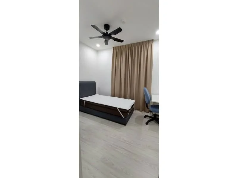 Bedroom features: single bed, upholstered headboard, ceiling fan, curtains, study desk, office chair, light-colored walls, laminate flooring, recessed lighting; style: modern.