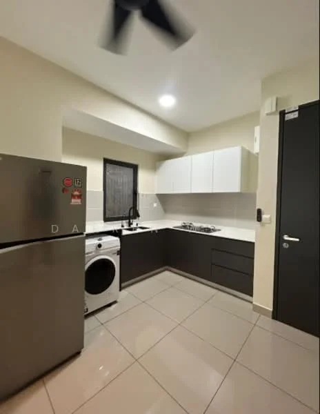 Kitchen features: stainless-steel fridge, front-load washing machine, built-in oven, 4-burner gas hob, stainless-steel range hood, white shaker cabinets, black flat-panel cabinets, white tiled backsplash, grey ceramic tile flooring, recessed downlights, single-bowl stainless-steel sink, chrome pull-down faucet, window with black frame; style: modern.