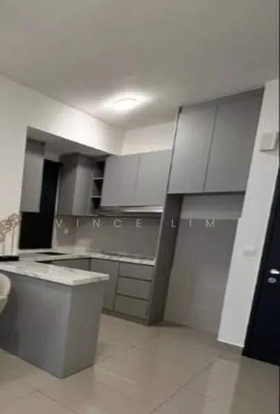 Kitchen features: grey cabinetry, marble countertop, built-in oven, stainless-steel sink, chrome pull-down faucet, ceramic tile flooring, recessed ceiling lights, open shelving, wall-mounted cabinets, kitchen island; style: modern.