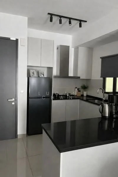 Kitchen features: black granite countertop, white cabinetry with flat-panel design, stainless-steel range hood, black refrigerator, built-in oven, ceramic tile flooring, recessed LED downlights, window with roller blinds, kitchen island with seating, coffee maker; style: modern.