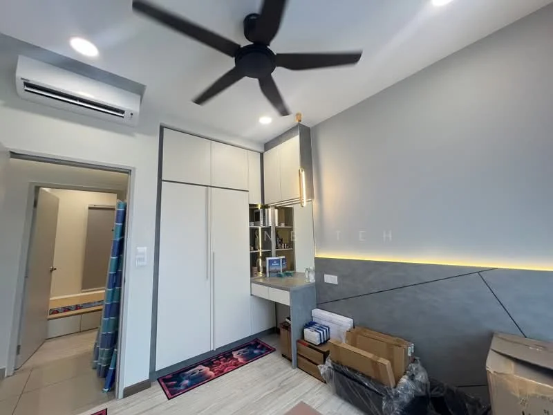 Room features: 5-blade ceiling fan with light, wall-mounted split AC, white painted walls, grey accent wall, built-in wardrobe with flat-panel doors, vanity with mirror, tile flooring, LED strip lighting, decorative wall paneling, storage boxes, area rug, doorway leading to bathroom, towel rack; style: modern.