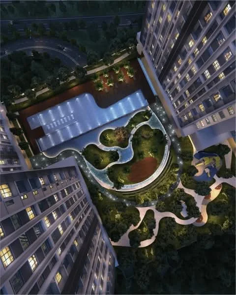 Exterior type: high-rise condominium; features: infinity pool, landscape garden, manicured lawn, walking paths, outdoor seating areas, surrounding greenery, night lighting, pool deck with loungers; style: modern.