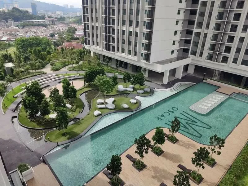 Exterior type: high-rise condominium; features: infinity pool, pool deck with loungers, landscaped garden, manicured lawn, mature trees, water feature, walking paths, outdoor seating areas, surrounded by greenery, city skyline view in background; style: modern.
