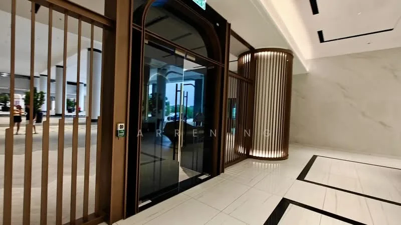 Room features: glass entrance door, wooden slatted partition, marble flooring, recessed lighting, decorative wall paneling, large windows, indirect lighting feature, high ceiling; style: modern; view: city.