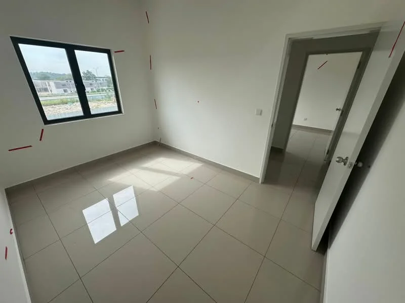 Room features: white painted walls, grey tiled flooring, floor-to-ceiling window, single door, natural light from window, minimalist design, no visible furniture, empty room; style: modern; view: garden.