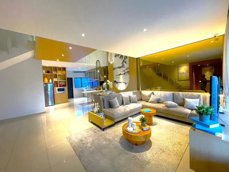 Living features: 3-seater fabric sofa in light grey, round wooden coffee table, area rug with geometric pattern, wall-mounted TV, decorative wall art, recessed downlights, floor-to-ceiling windows, light-coloured walls, polished tile flooring, indoor plants in ceramic pots, open-plan layout to kitchen, decorative mirror, built-in shelving unit, accent lighting; style: modern. Kitchen features: stainless-steel fridge, built-in oven, microwave, kitchen island, pendant lighting, white cabinetry, grey countertop, open shelving, ceramic tile backsplash; style: modern.