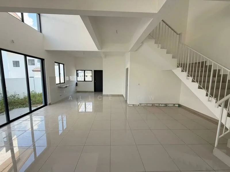Room features: white painted walls, glossy tile flooring, large floor-to-ceiling windows, staircase with white railing, high ceiling, open layout, natural light from windows, corner windows, exposed ceiling, no visible furniture; style: modern; view: garden.