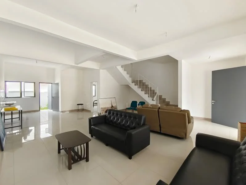 Living features: white painted walls, polished ceramic tile flooring, tray ceiling, 3-seater black leather sofa, 2-seater beige fabric sofa, wooden coffee table, staircase with metal railing, large windows, open layout, natural light; style: modern. Room features: white painted walls, polished ceramic tile flooring, large windows.