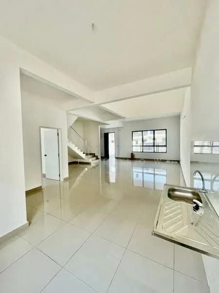 Living features: white painted walls, polished ceramic tile flooring, tray ceiling, large windows with city view, staircase leading to upper floor, open layout, kitchenette with stainless-steel sink, recessed downlights; style: modern; view: city.