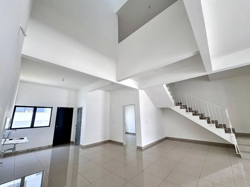 Room features: white painted walls, polished ceramic tile flooring, staircase with white railing, large windows, high ceiling, open layout, doorway leading to another room, kitchenette area with sink; style: modern.