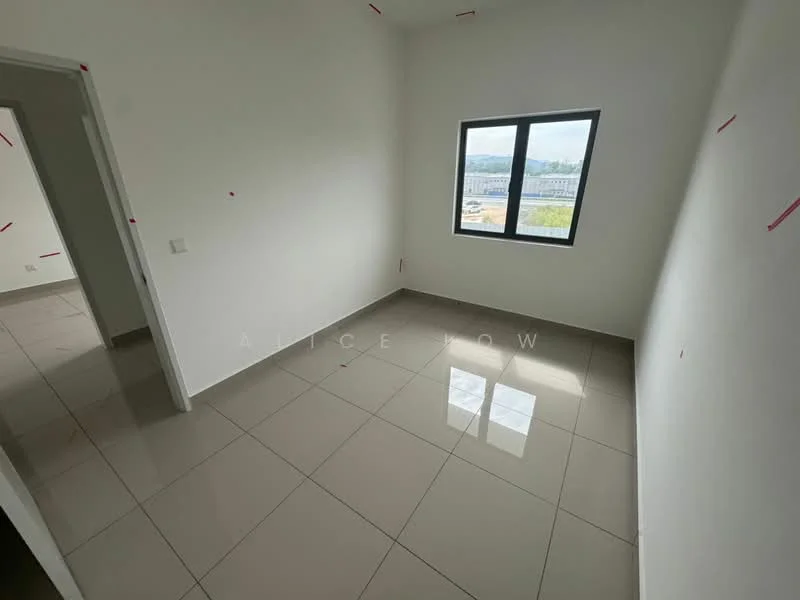 Room features: white painted walls, glossy ceramic tile flooring, single window with black frame, natural light from window, no visible furniture, plain ceiling, no visible decor, neutral color scheme; style: modern; view: city.