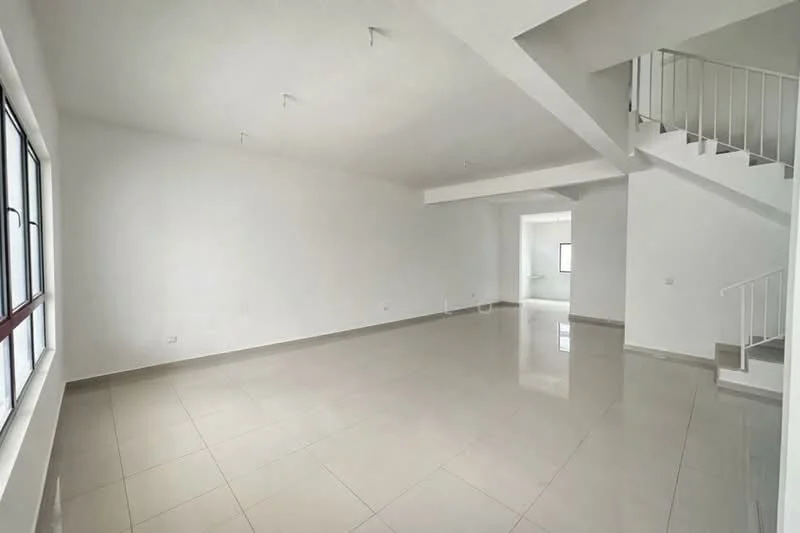Room features: white painted walls, polished ceramic tile flooring, recessed downlights, large windows, open layout, staircase, high ceiling; style: modern.