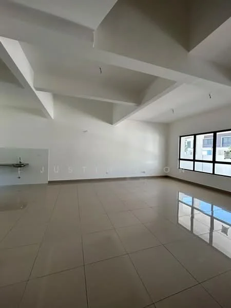 Room features: white painted walls, polished ceramic tile flooring, exposed beams on ceiling, large windows, sink, natural light from windows; style: modern.