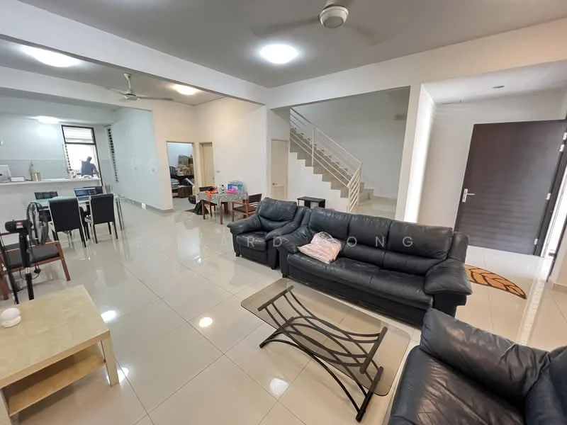Living features: 3-seater leather sofa, 2-seater leather sofa, coffee table, area rug, ceiling fan, recessed downlights, tile flooring, white painted walls; style: modern. Dining features: 4-seater dining table, black dining chairs, tile flooring, white painted walls; style: modern. Kitchen features: open-plan layout, tile flooring, white painted walls; style: modern.