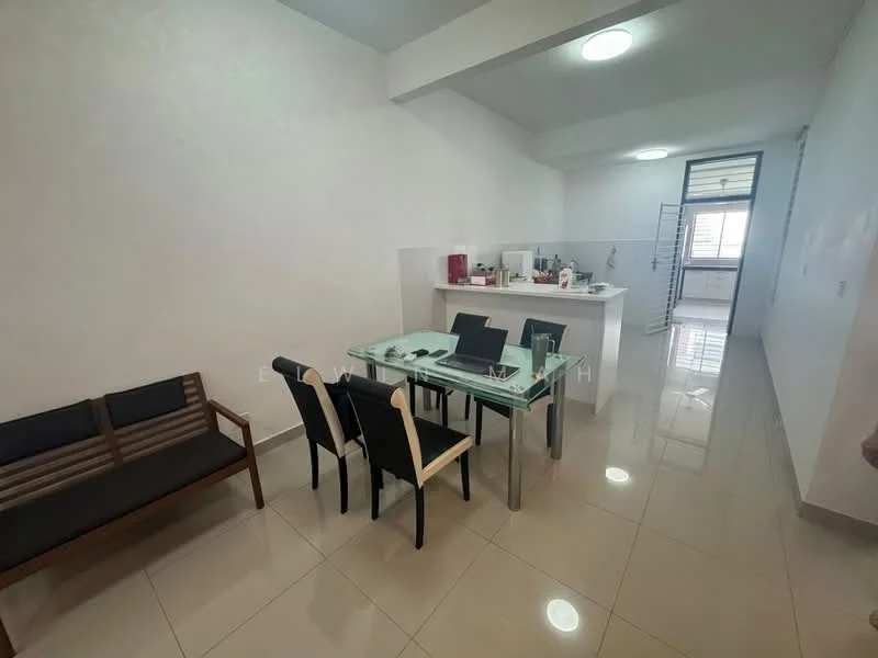 Dining features: glass dining table, 4 black dining chairs, white walls, polished ceramic tile flooring, recessed ceiling lights, open layout to kitchen, sofa in dark wood, kitchen counter with appliances visible; style: modern. Kitchen features: white cabinetry, countertop with appliances, sink, stainless-steel appliances, open layout to dining area; style: modern.