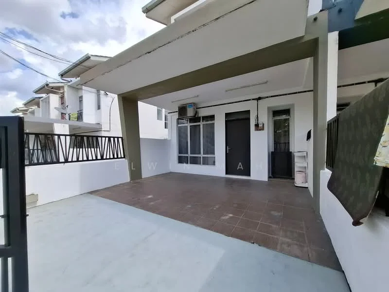 Room features: tiled flooring, white painted walls, sliding glass door, window with grille, ceiling-mounted air conditioning unit, overhead lighting, balcony railing, clothes hanging area; style: modern.