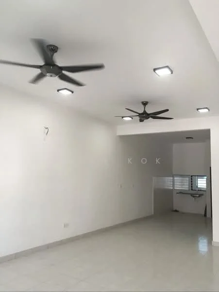 Room features: white painted walls, polished ceramic tile flooring, 2 ceiling fans, recessed LED downlights, open layout, window with grille, kitchen area visible in background; style: modern.