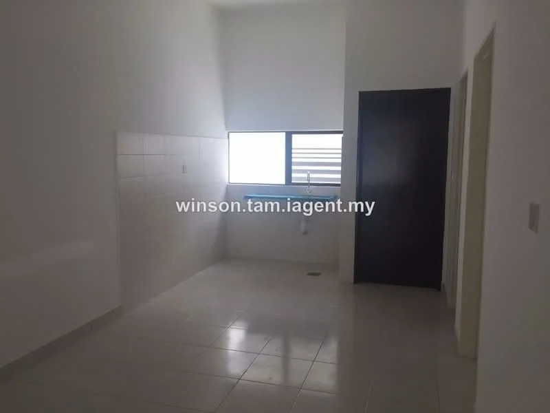 Room features: white painted walls, ceramic tile flooring, floor-to-ceiling window, single window with horizontal slats, door leading to another room, light-colored ceiling, corner of the room with sloped ceiling.