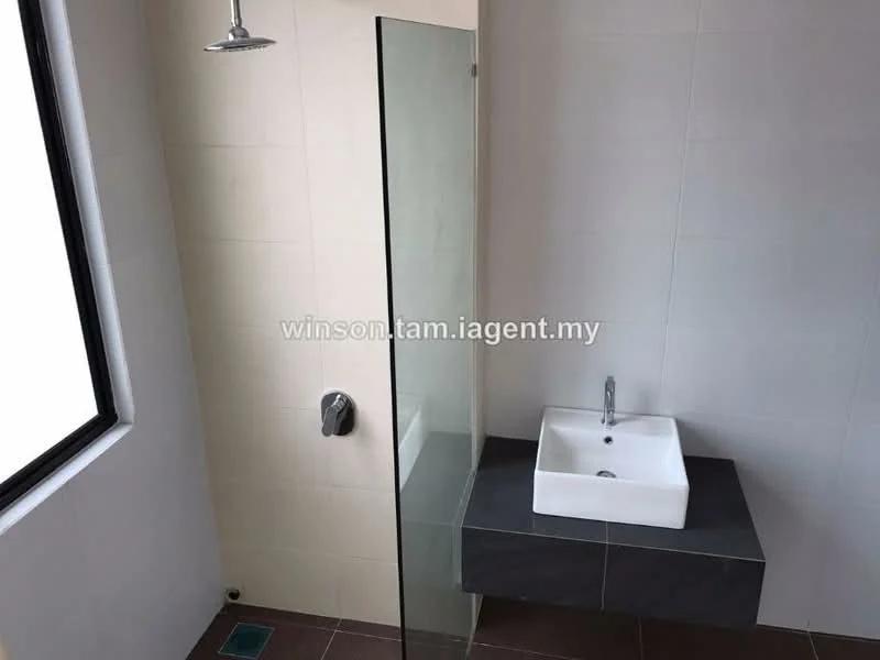 Bathroom features: walk-in shower with glass enclosure, rain shower head, chrome basin mixer faucet, white square sink, floating vanity with grey countertop, white tiled walls, grey tiled flooring, window for natural light; style: modern.