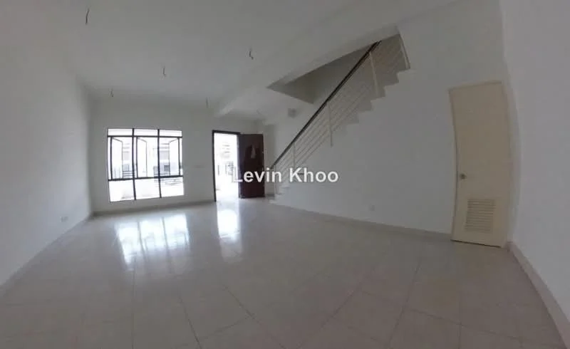 Room features: white painted walls, tile flooring, large windows, double-door entrance, staircase, ceiling lights, open layout, natural light; style: modern.
