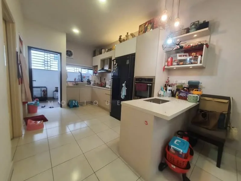 Kitchen features: white cabinetry, black refrigerator, built-in oven, stainless-steel sink, chrome pull-down faucet, white countertop, tile backsplash, pendant lighting, ceramic tile flooring, open shelving, kitchen island, microwave, kettle, dishwasher, wall-mounted cabinets; style: modern.