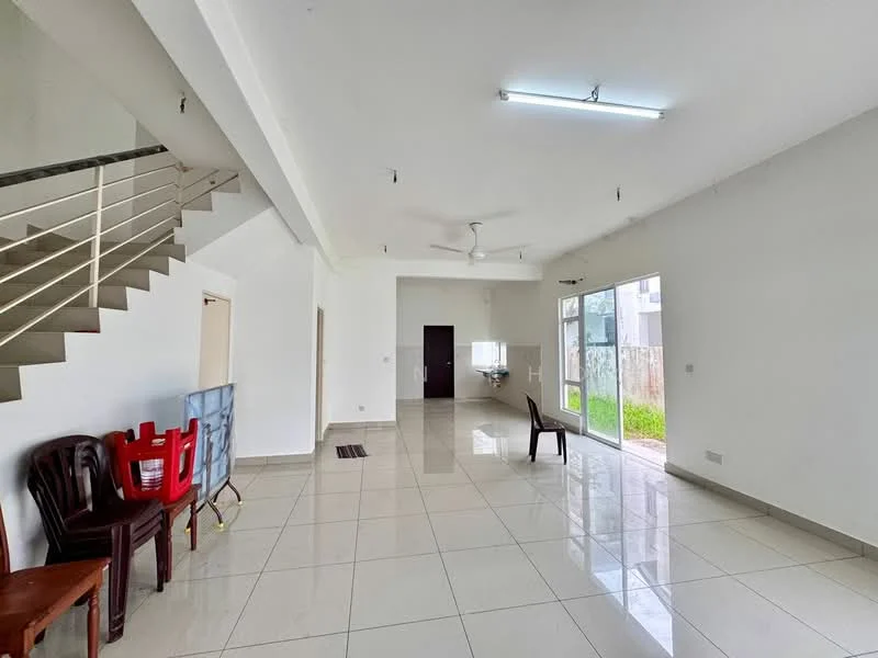 Living features: white painted walls, glossy ceramic tile flooring, 5-blade ceiling fan with light, floor-to-ceiling sliding glass door, natural light from large windows, open layout, space for dining area, staircase leading to upper floor; style: modern; view: garden.