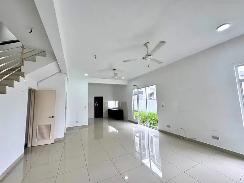 Living features: white painted walls, glossy ceramic tile flooring, 2 ceiling fans, recessed downlights, floor-to-ceiling windows, sliding glass door, open layout, staircase leading to upper floor, neutral color scheme, built-in cabinetry, natural light from windows; style: modern; view: garden.