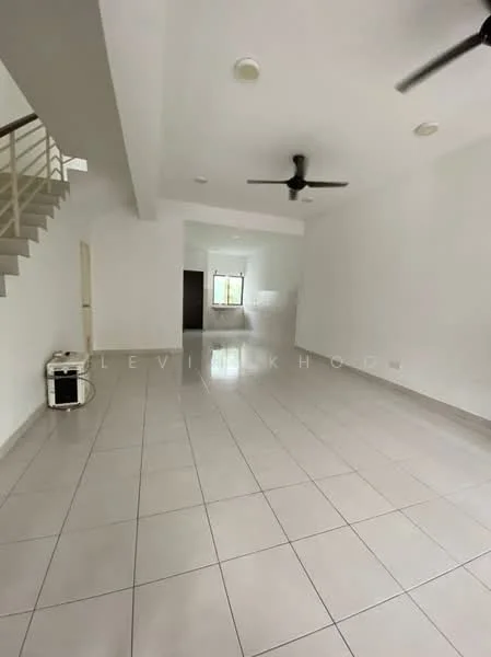 Living features: white painted walls, tile flooring, ceiling fan, recessed downlights, large window, open layout, neutral color scheme, staircase visible; style: modern.